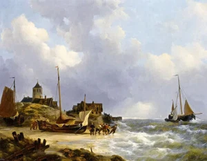 Oil painting Johannes Christian Schotel - fishermen on the beach near egmond art - Picture 1 of 1