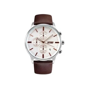 Orologio Uomo Quadrante Bianco Lunetta Argento Lancette Oro Rosa con Cinturino Pelle Marrone Data - Foto 1 di 5