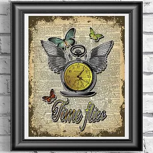 Original ART Print DICTIONARY ANTIQUE BOOK PAGE Time Flies Watch and Butterflies - Picture 1 of 3