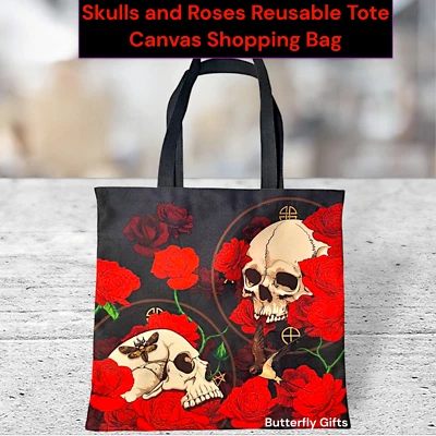 Skulls and Roses Tote Canvas Bag Shopping Bag Reusable Black handles Gothic Bag - Image 1 of 3