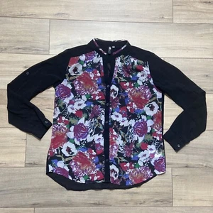 KUT from the Kloth Large Women's Sheer Roll-Tab Floral Button Down Blouse Black - Picture 1 of 11