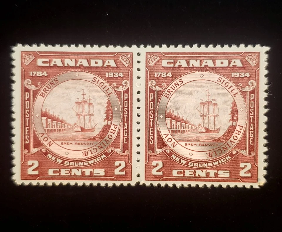 Stamps Canada Mint: #210 2c red brown New Brunswick pair VF Mint lightly hinged - Image 1 of 1