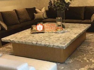 Whie Agate Stone Handmade Dining Table Counter Top Handmade Agate Console Tables - Image 1 of 3