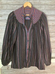 Vintage 80's Metallic Thread Peasant Top Ruffle Tie Neck Goth Dark Academia Sz M - Picture 1 of 13