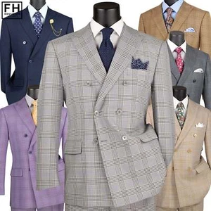 VINCI Men's Glen Plaid Double-Breasted 6-Button Classic Suit - 38R-56L, 6 Colors - Picture 1 of 25