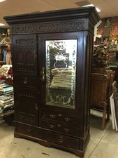 Antique Armoire Hand Carved Rosewood Etched Mirror Original Cabinet Storage