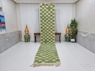 Alfombra marroquí hecha a mano Beni Ourain alfombra bereber de lana verde a cuadros de 3'x14'7"" Foto 1 de 4