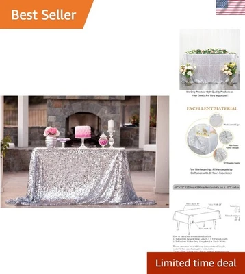 Luxurious 50''x72'' Silver Sequin Overlay Tablecloth for Parties & Weddings - Image 1 of 4