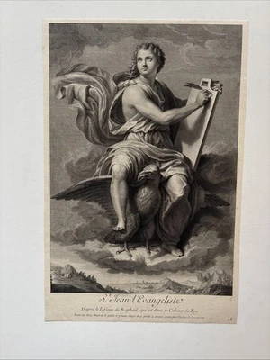 Antiguo Grabado San Juan Evangelista en los cielos escribiendo Evangelio símbolo águila Foto 1 de 4