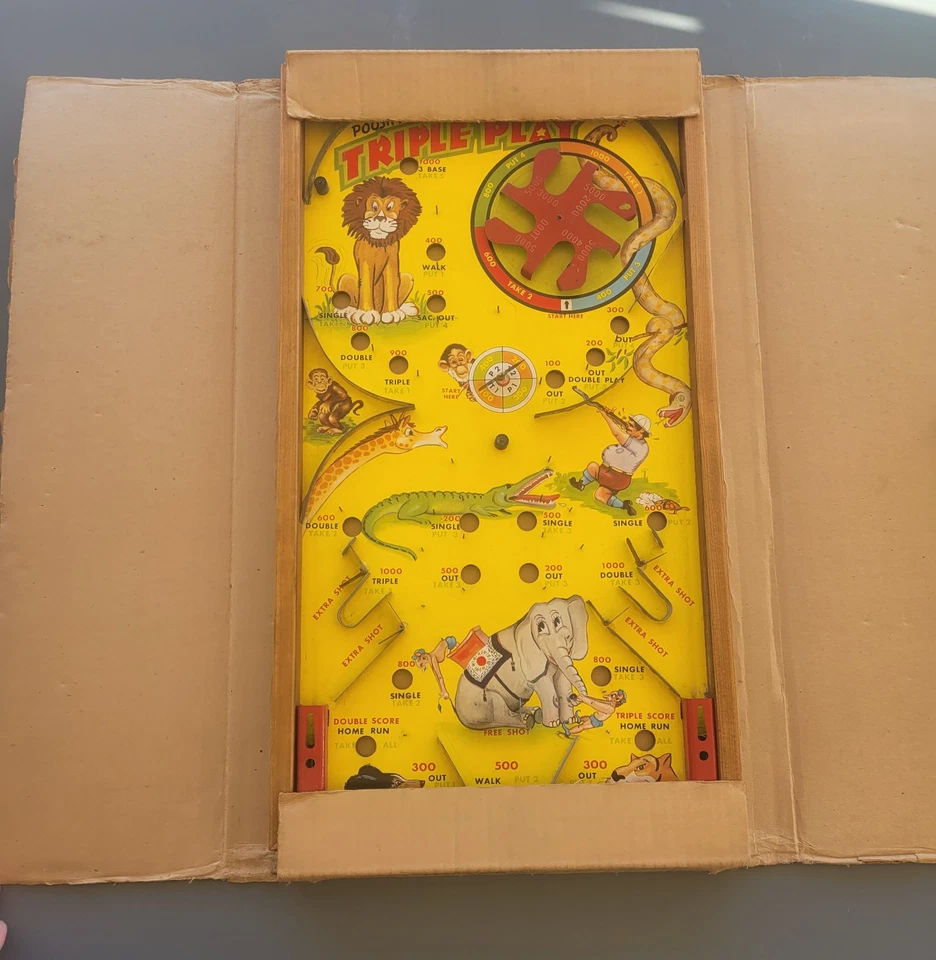 ancien flipper bois carton tole animaux dans son carton d'origine avec 5 billes - Photo 1/4