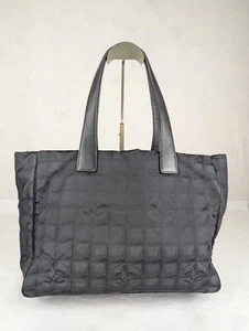 Authentic CHANEL Travel Line MM Tote Hand Bag Shoulder Bag Nylon Leather Black - Picture 1 of 16
