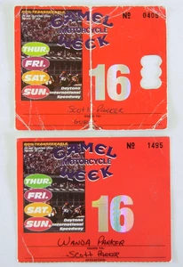 SCOTT & WANDA PARKER Motorcycle Race DAYTONA Credential Pass x2 Harley SIGNED - Picture 1 of 5
