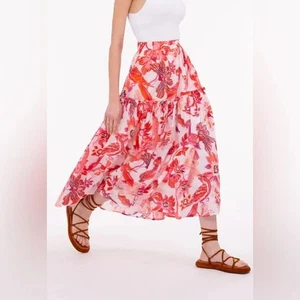 BANJANAN Punky Parrot Cotton Midi Agatha Skirt SIze S - Pink Red Coral White - Picture 1 of 5