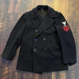 VINTAGE US NAVY KERSEY PEACOAT MENS 38R BLUE CONSTRUCTION PETTY OFFICER 50s - Picture 1 of 16