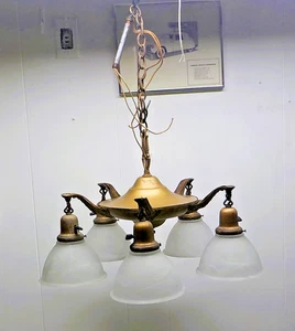 Vintage Chandelier Brass 5 Arm With Shades Shades are not the original - Picture 1 of 9