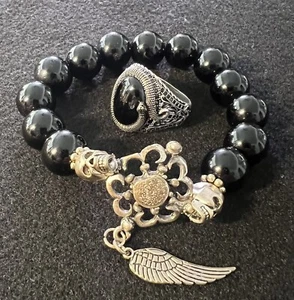 Ring Snake 925 Sterling Silver And bracelet skull biker Set - Picture 1 of 6
