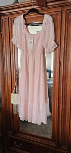 MEROKEETY Women's Summer Square Neck Puff Sleeve Boho Midi Dress Swiss Dot $110 - Picture 1 of 6