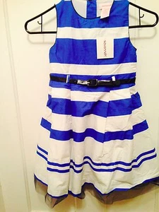 NEW Savannah Girl Size 6-7 Dress Blue and White Stripes Summer Dress Black Belt - Picture 1 of 6