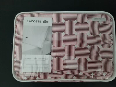 Juego de sábanas Lacoste 100 % algodón percal, estampado geo brújula, granate, doble XL Foto 1 de 2