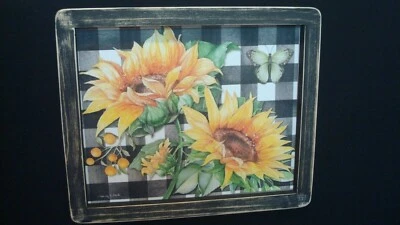 Country Print ~2 SUNFLOWERS WITH BLACK AND WHITE CHECK~ black frame 9 1/2" x 11" - Image 1 of 3
