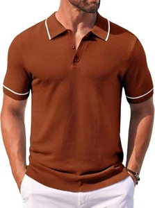 Men's Crochet Knit Polo Shirt Short Sleeve Casual Button Down Golf Collared Top - Picture 1 of 30