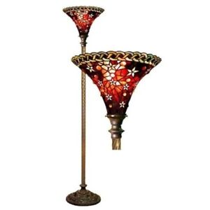 Tiffany-style Torchiere Floor Lamp Red Amber Green Royal Stained Glass 72" High