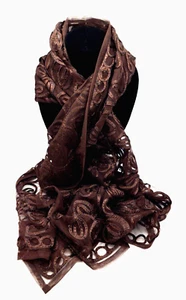 Vintage Jones New York 74" Brown Nylon Net Floral Embroidery Scarf or Shawl - Picture 1 of 6