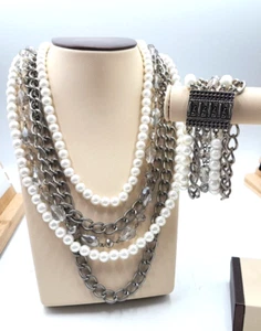 5-Strand Simulated Pearls Crystal Beads Silver Tone Necklace & Bracelet Set WOW - Picture 1 of 5