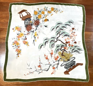 Bufanda de seda floral asiática vintage bonsai japonés crisantemos flores de cerezo - Imagen 1 de 5