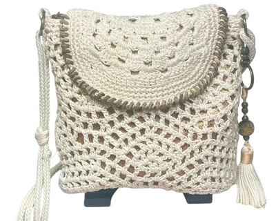 The Sak Sayulita Crossbody Purse Macrame Strap Crochet Overlay Gold Lining Boho - Image 1 of 4
