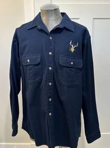 Camicia uomo Cabela's cotone pesante con bottoni taglia XL T blu navy ricamata testa di buck - Foto 1 di 7