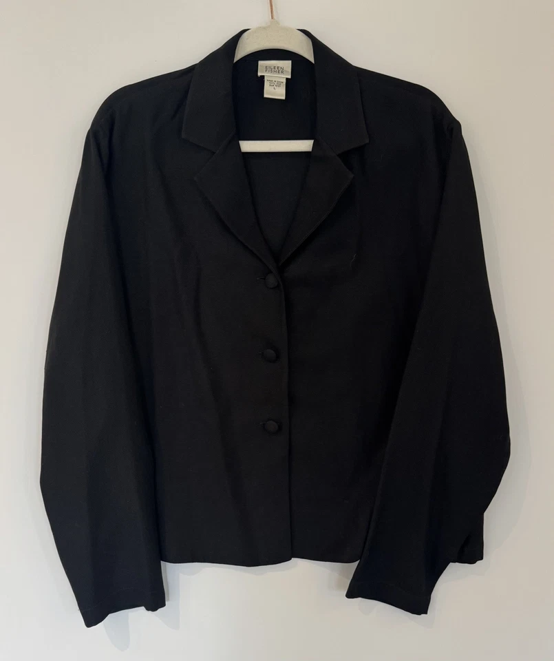 Eileen Fisher Black Silk Jacket Three button 100% silk 3/4 SLEEVE size large - Image 1 of 4