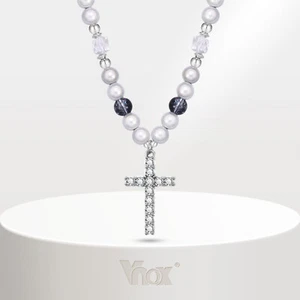 Vnox Simulated Pearl Chain Crystal Cross Pendant Necklace Men Choker Jewelry - Picture 1 of 9