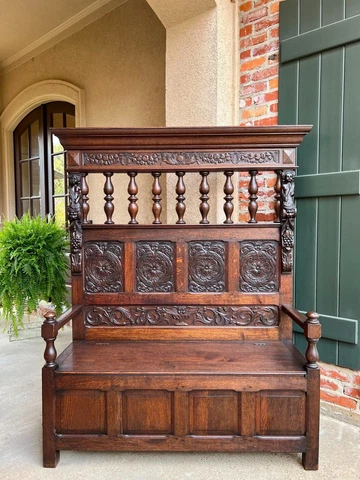 Antique French Hall Bench Settle Renaissance Carved Oak Cherub Black Forest Cover