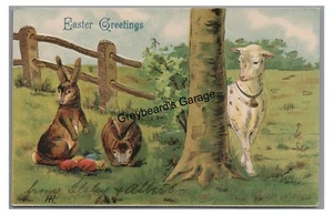 Ostergrüße, Hase Hasen und Lamm Vintage Postkarte - Bild 1 von 2