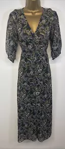 Mango Dress Purple Green Floral Chiffon Button Through Short Sleeve Midi UK S 10 - Picture 1 of 15