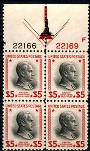SC# 834 - 1938 Presidentes - $5.00 - Calvin Coolidge - Como nuevo flecha superior PB de 4 - Imagen 1 de 2