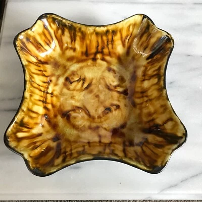 Vintage Portmadoc Glazed Ceramic Square Bowl Brown Marble Pattern Fluted Edge - Image 1 of 4