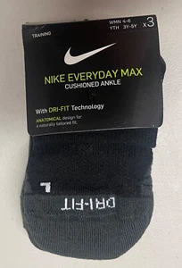 NIKE EVERDAY MAX ANKLE CUSHIONED TRIANING SOCKS DRI FIT BLACK WMN-4-6 YTH 3Y-5Y - Picture 1 of 8
