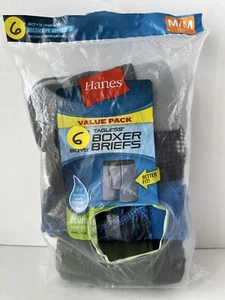 Hanes Boy's Tagless Boxer Briefs 6 Pack Cotton Size Medium 10-12 Wicking Cool - Picture 1 of 3