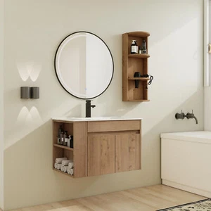 30" Wall-Mounted Bathroom Vanity W/Ceramic Sink/ Adjustable Shelf + Storage Rack - Picture 1 of 24