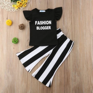 Toddler Kids Girls Summer Clothes Letter Tops Romper Striped Trousers Outfits - Picture 1 of 11
