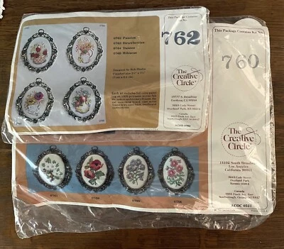 2 Creative Circle Mini Crewel Embroidery Kit Cast Metal Frame Pansies Asters - Image 1 of 4