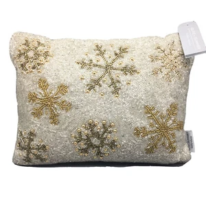 Glitz & Glimmer Christmas Beaded Silver Gold Snowflake Throw Pillow Decor 16" - Picture 1 of 10