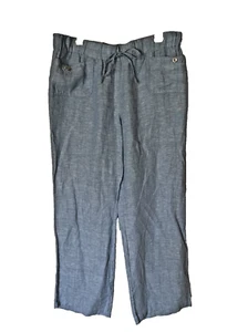 JM Collection Pants Size 12 Blue 100% Linen Beachy Coastal Wide Leg Drawstring - Picture 1 of 7