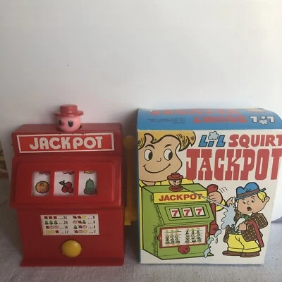 Vintage Squirt Jackpot Slot Machine Gag Novelty Plastic Toy Hong Kong w BOX - Image 1 of 3