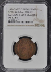 1831 Dated Great Britain Token Spade Guinea Bronze NGC MS62BN Fattorini - Picture 1 of 2