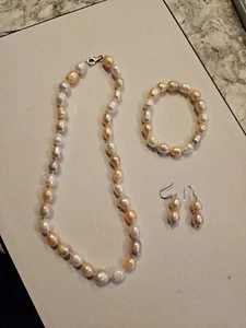 925 Sterling Silver White Pink Purple Fresh Cultured Pearl Neck Bracelet Earring - Picture 1 of 11