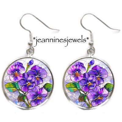 Pansy Faux Stained Glass Art Print EARRINGS Violet Flowers Silver Charm Dangle - Image 1 of 4