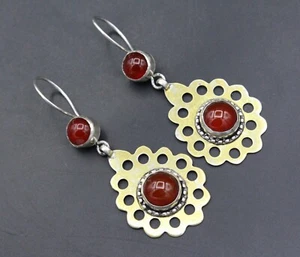 Turkmen Earrings, 925K Sterling Silver Earrings, Carnelian Stones Earrings, #E03 - Picture 1 of 6
